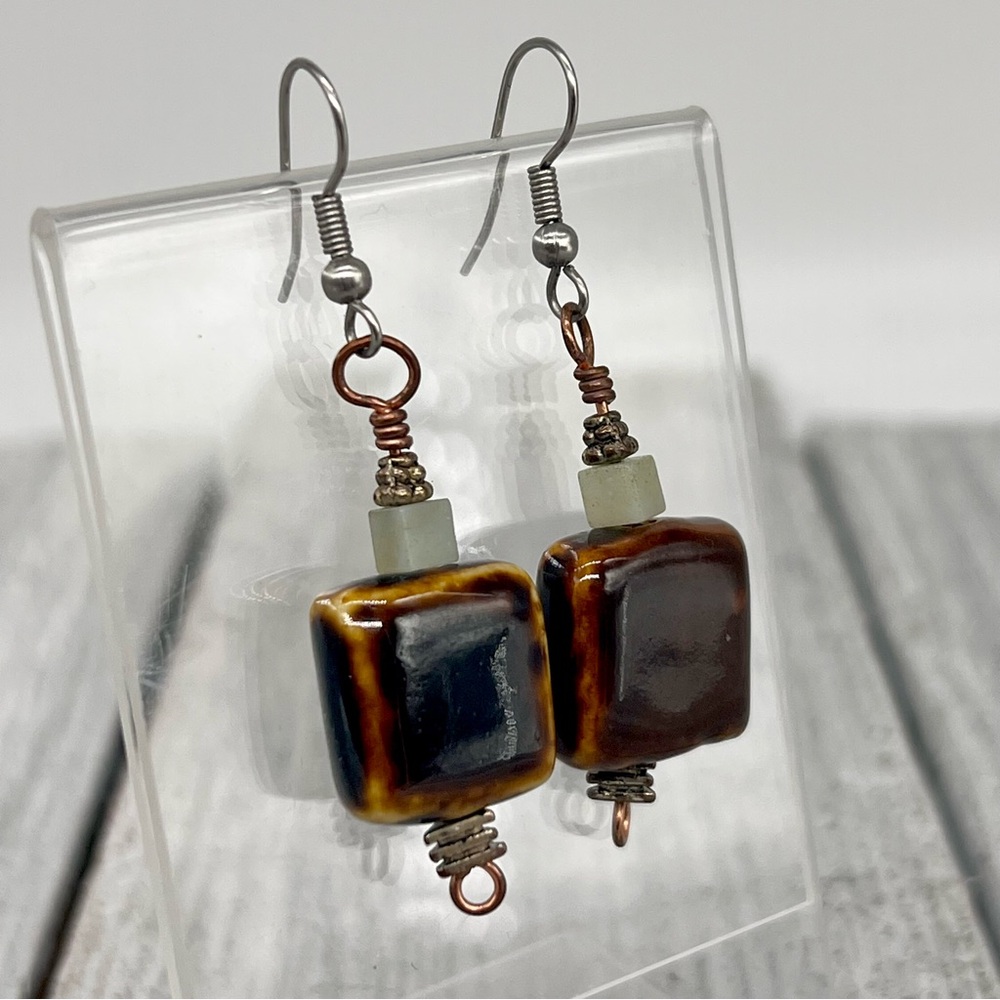 302. Elegant Brown Glazed Ceramic Dangle Earrings